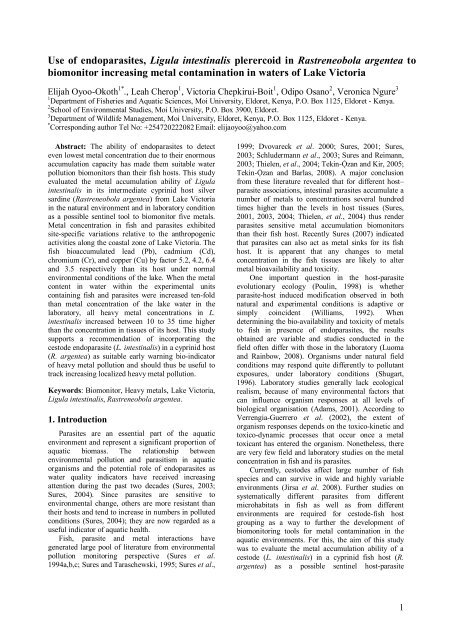 Use of endoparasites, Ligula intestinalis plerercoid in ...