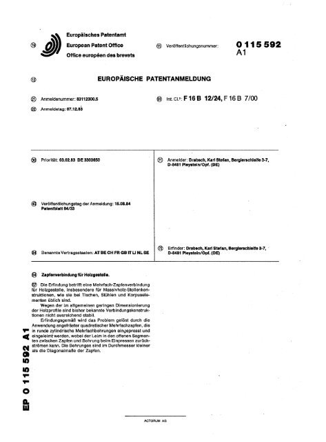 Zapfenverbindung für Holzgestelle - European Patent Office - EP ...