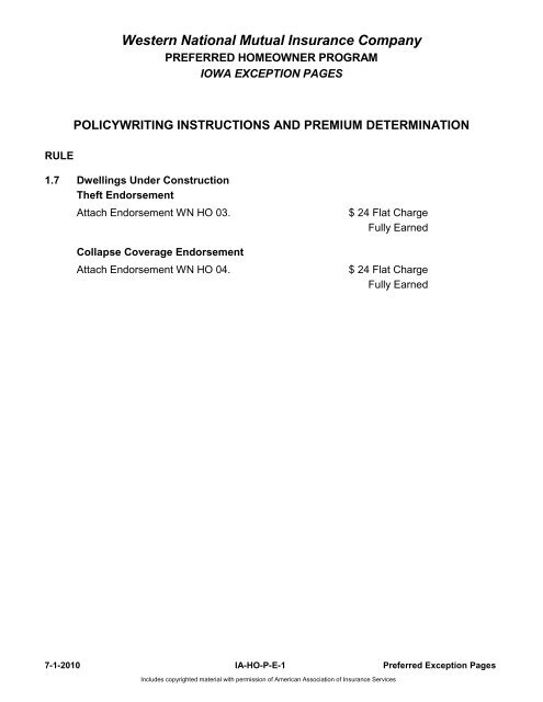 PL - IA 01/01/2013 Rates and Manuals - Western National Insurance ...