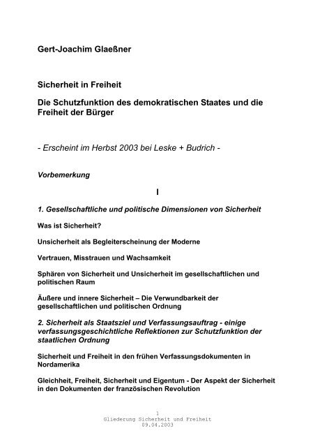 Gert-Joachim Glaeßner Sicherheit in Freiheit Die Schutzfunktion des ...