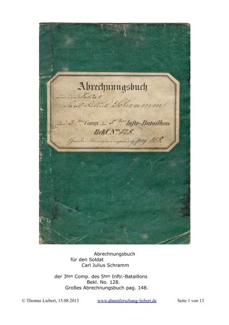 Abrechnungsbuch für Soldat Carl Julius Schramm aus Schellenberg ...