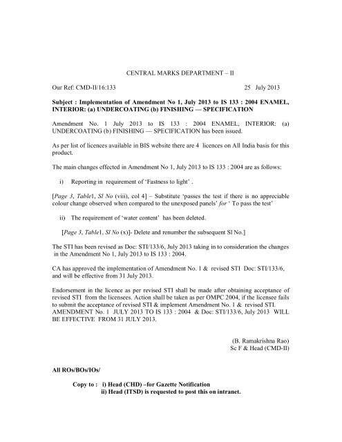 CENTRAL MARKS DEPARTMENT – II Our Ref: CMD-II/16:133 ... - Bis