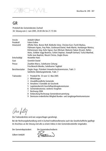 Protokoll des Gemeinderates Zuchwil 34. Sitzung vom 2. Juni 2005 ...