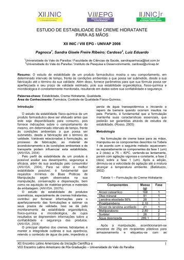 estudo de estabilidade em creme hidratante para as ... - INIC - Univap