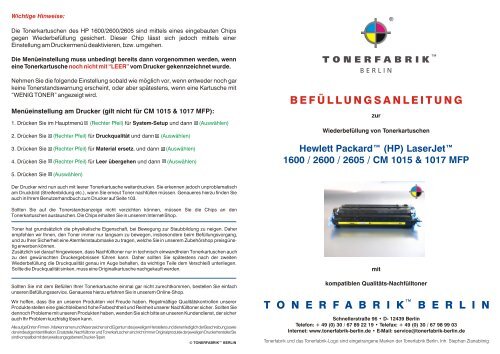Refill-Anleitung/Nachfüllanleitung für HP 1600 ... - Tonerfabrik-Berlin