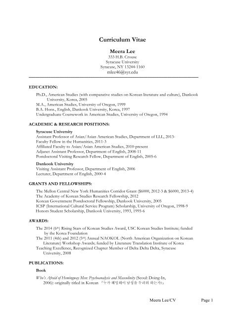 Meera Lee's CV - College of Arts and Sciences - Syracuse University