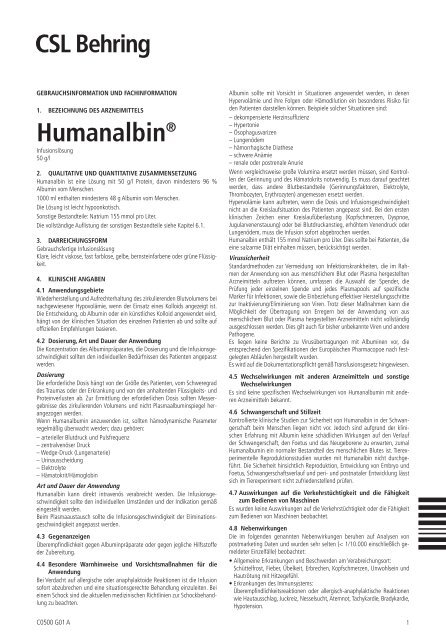 Gebrauchsinformation Humanalbin ® für den Anwender