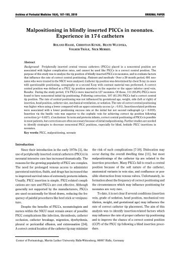 Malpositioning in blindly inserted PICCs in neonates. Experience in ...