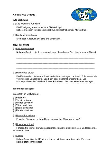 Checkliste Umzug Afm Bonn