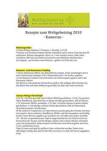 Rezepte zum Weltgebetstag 2010 ‐ Kamerun ‐