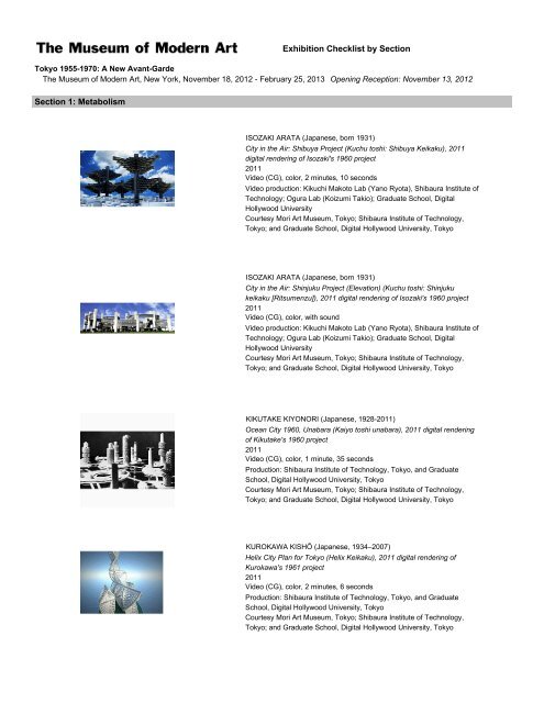 Exhibition Checklist by Section Section 1: Metabolism