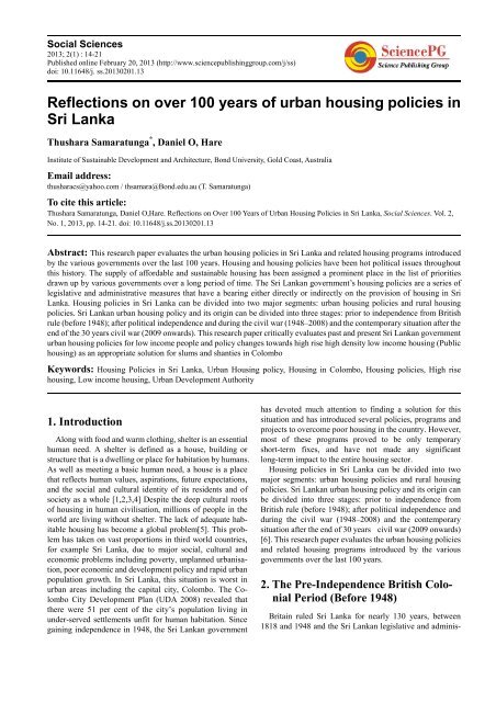 Reflections on over 100 years of urban housing policies in Sri Lanka