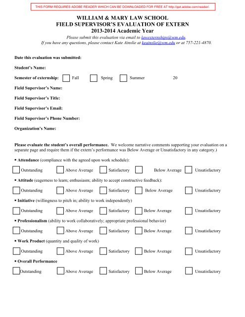 the Field Supervisor's Evaluation form - William & Mary Law