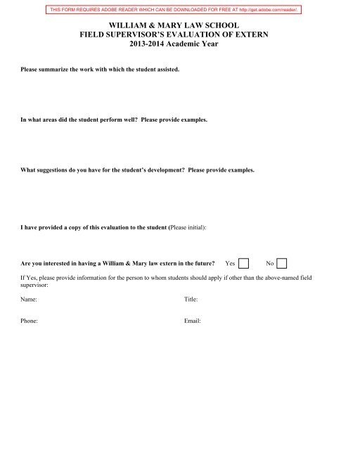 the Field Supervisor's Evaluation form - William & Mary Law