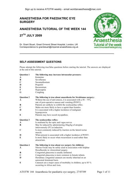 144 Anaesthesia for paediatric eye surgery - Anaesthesia UK