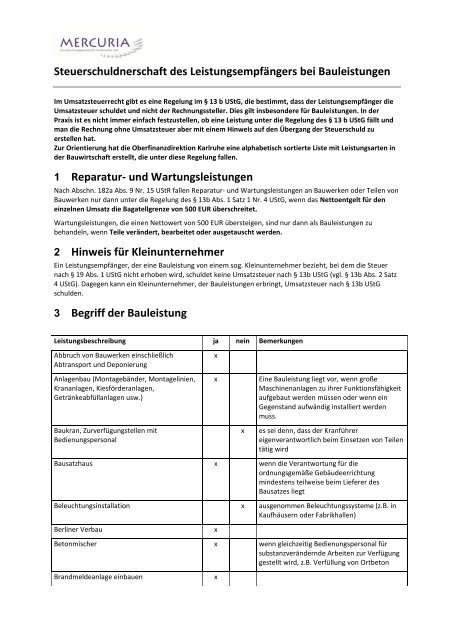 Steuerschuldnerschaft des Leistungsempfängers bei Bauleistungen