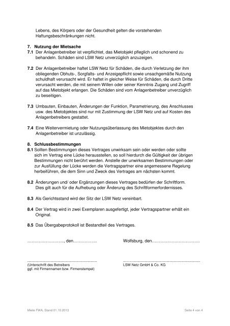 Miet- und Dienstleistungsvertrag über Fernwirktechnik - LSW Netz