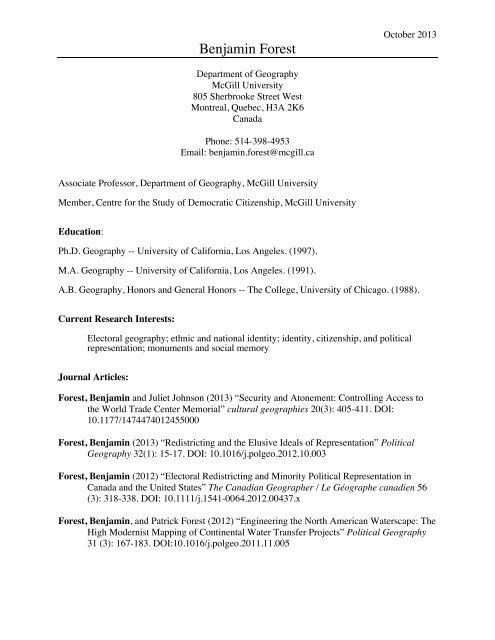 Geography Cv Example C.V. - Department of Geography - McGill University