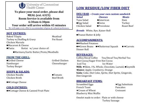Room Service Low Residue Low Fiber Menu