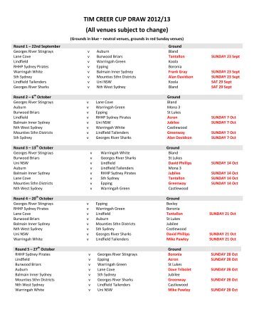 TIM CREER CUP DRAW 2012/13 (All venues subject to change)