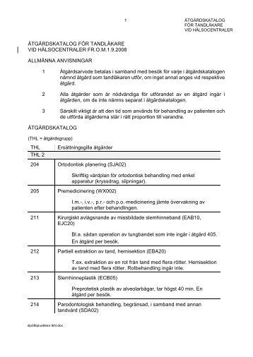 Åtgärdskatalog för tandläkare vid hälsocentraler 1.9.2008