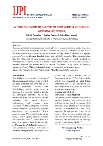 in vitro anthelmintic activity of root extract of murraya koenigii ... - IJPI