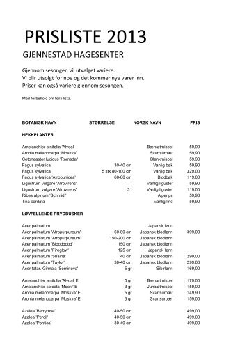 PRISLISTE 2013 - Gjennestad Hagesenter