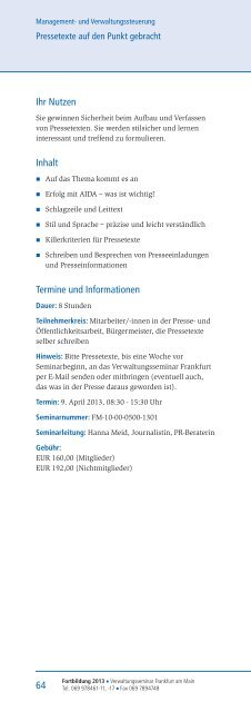 Fortbildungsprogramm 2013 Verwaltungsseminar Frankfurt/Main