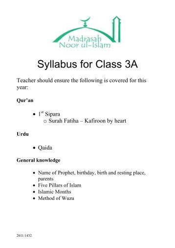 Syllabus for Class 3A - Noor ul Islam Bolton