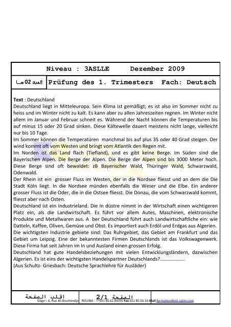 Niveau : 3ASLLE Dezember 2009 Prüfung des 1. Trimesters Fach ...