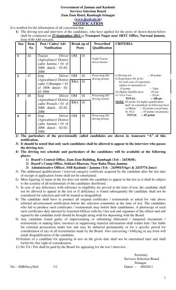 Driving test and interview notification for the post of ... - Jkssb.nic.in