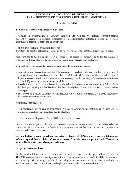 INFORME FINAL DEL FOCO DE FIEBRE AFTOSA EN LA ... - Senasa