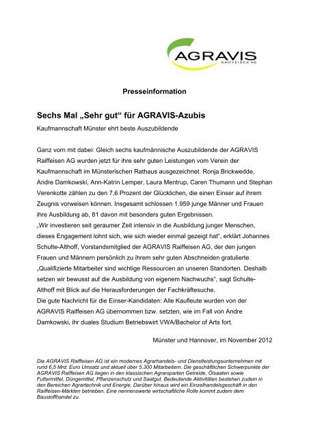 Sechs Mal Sehr gut fr AGRAVIS-Azubis