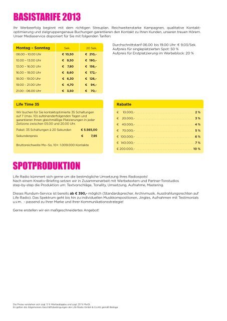 SCHLÄGT WELLEN TARIF 2013 - Life Radio