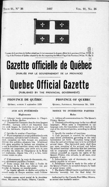 Gazette officielle de Québec Quebec Official Gazette