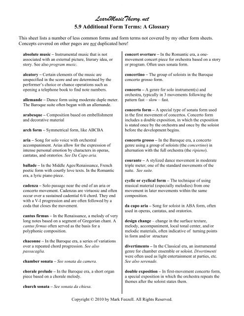 Form Terms Glossary Free PDF Printable Music Theory