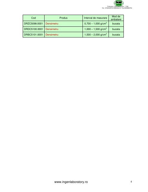 DENSIMETRE - descarca aici oferta pdf - Ingen Laboratory