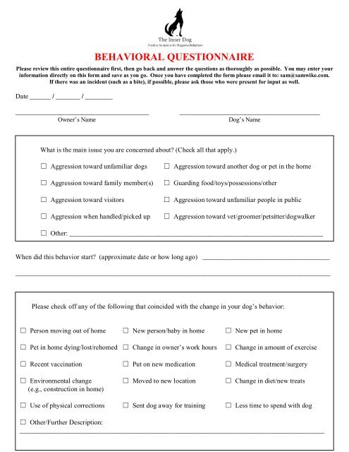 Behavioral Questionnaire - Professional Dog Training Sam Wike ...