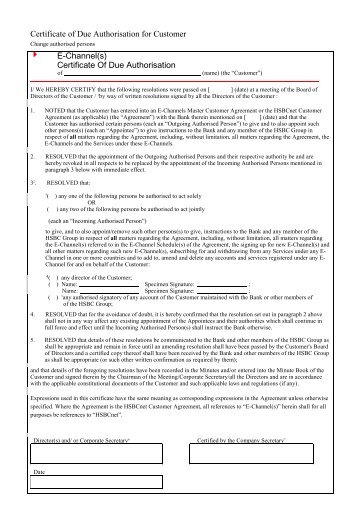 Certificate of Due Authorisation for Customer