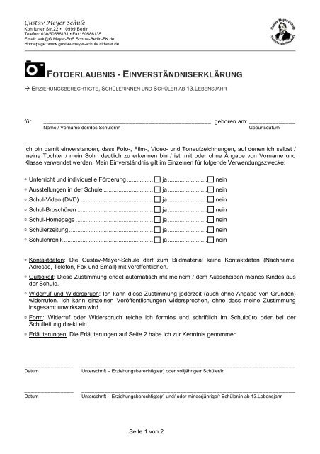 Fotoerlaubnis Einverstandniserklarung Gustav Meyer Schule Berlin