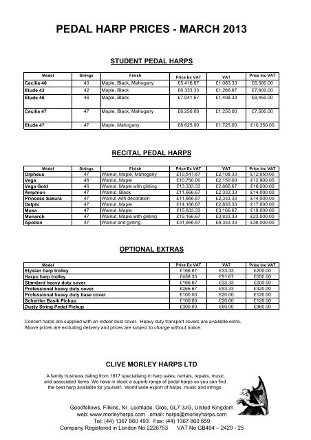 Pedal Harp Price List