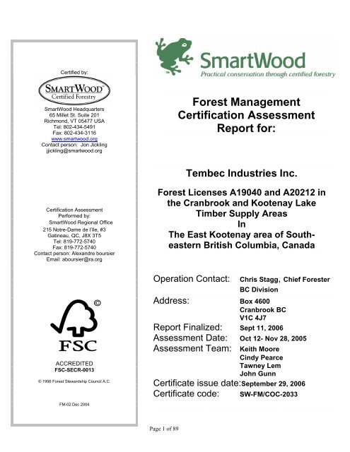 Forest Management Certification Assessment Report For Rainforest Forest Management Certification Assessment Report For Rainforest