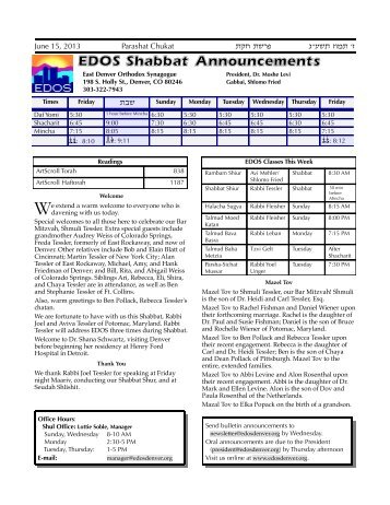 EDOS Shabbat Announcements - East Denver Orthodox Synagogue