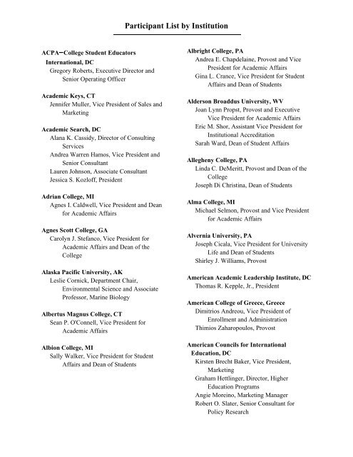 Participant List by Institution - The Council of Independent Colleges