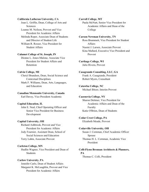 Participant List by Institution - The Council of Independent Colleges