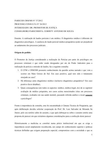 PARECER CRM/MS N° 37/2012 PROCESSO CONSULTA N° 26 ...