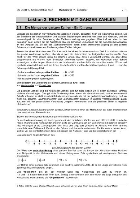 Lektion 2: RECHNEN MIT GANZEN ZAHLEN