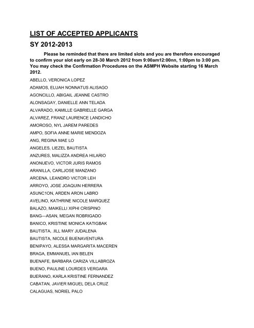 asmph admissions results sy2012-2013