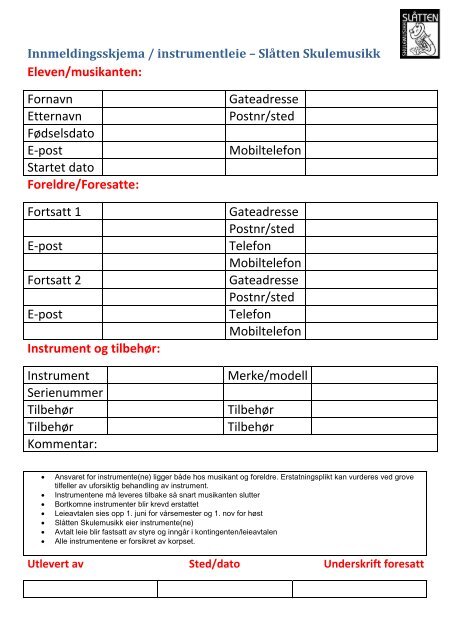 Skjema for kulturskulen - Slåtten skulemusikk