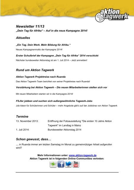 Newsletter 11/13 - Aktion Tagwerk